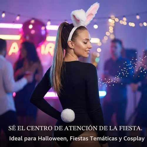 Vista 4 de U-Goforst Diademas y cola de conejo, disfraz de conejo, diadema larga de orejas de conejo, fiesta de Halloween, cosplay, orejas de conejo blancas