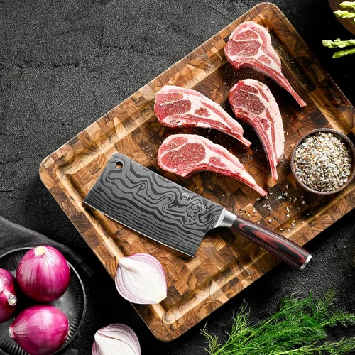 Vista 7 de Sunnecko Cuchillo de carnicero de 7 pulgadas, cuchillo chino de acero inoxidable de alto carbono con mango de madera, cuchilla afilada para carne