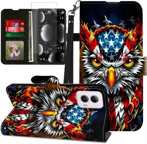 Vista 358 de Funda para Motorola Edge 2022 con protector de pantalla, soporte y tarjetero y correa para la muñeca, funda magnética para Moto Edge 2022 5G UW Lobo