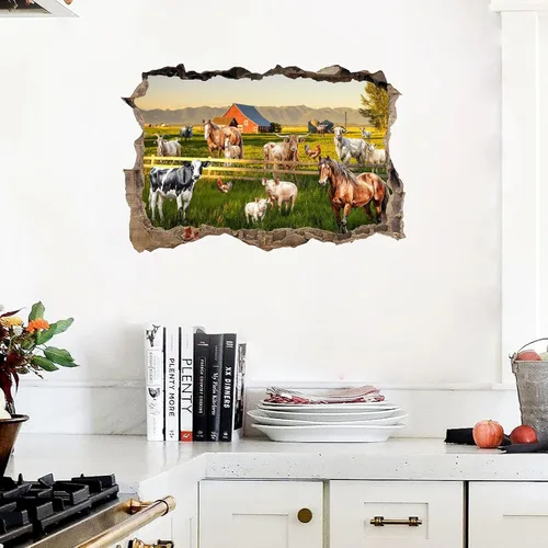 Vista 8 de Calcomanías de pared de animales de granja, mural de granja 3D, calcomanías de granja para despegar y pegar, calcomanías creativas falsas