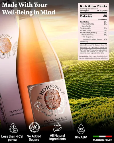 Vista 2 de Boresso Extra Dry 0.0% ABV Vino rosado espumoso sin alcohol con caja de regalo alternativa de champán sin alcohol desalcoholizado de Italia 25.4 fl