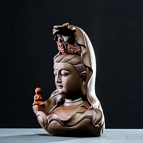 Vista 3 de Guan Yin - Estatua de cerámica con cabeza de Guanyin, estatua decorativa budista chino hecha a mano, escultura para el hogar, sala de estar