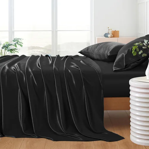Vista 7 de Juego de sábanas de satén de 4 piezas de color negro tamaño individual, juego de ropa de cama de satén sedoso negro con 1 sábana encimera de satén