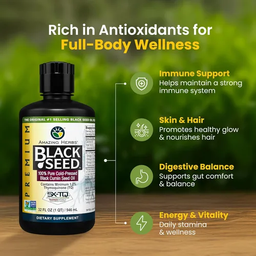 Vista 3 de Amazing Herbs Aceite de semilla negra de alta calidad, prensado en frío, ayuda a la salud digestiva, apoyo inmunológico, función cerebral, movilidad