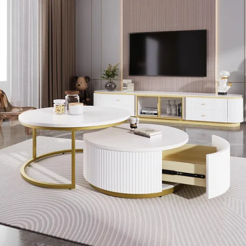 Vista 20 de Mesa de café redonda, mesa de café moderna de 31.5" con 2 cajones grandes de almacenamiento, tapa de mesa con patrón de mármol, mesa central