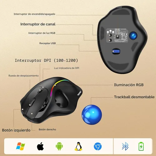 Vista 6 de TECKNET Ratón de Trackball inalámbrico profesional, mouse Bluetooth con control ergonómico de pulgar, USB-C recargable, mouse con luz RGB con DPI