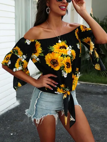 Vista 5 de Hibluco - Jersey elástico para mujer con hombros descubiertos, manga acampanada, cuello alto
