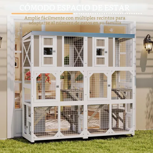 Vista 7 de Ketive Catio grande de madera para exteriores de 64", casa para gatos de ventana con ruedas y 3 plataformas, jaula para gatitos con techo resistente