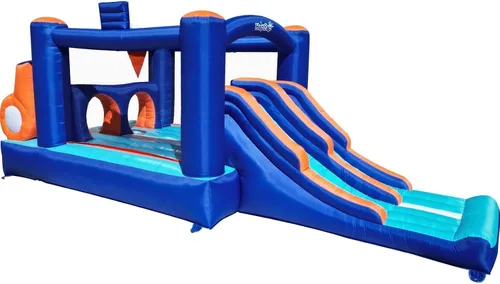 Vista 3 de Casa de Rebote Inflable con Pista de Obstáculos para Niños - 2 Toboganes de Carreras, Área de Salto, Túnel y Paredes de Escalada con Soplador