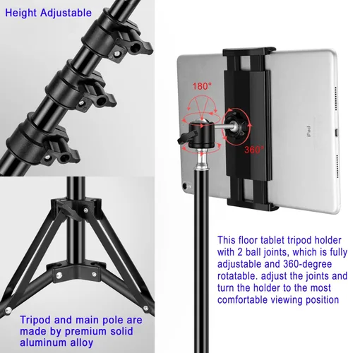 Vista 12 de SAMHOUSING Soporte de trípode para iPad, con soporte para iPad de 65 pulgadas de altura ajustable y soporte de piso para iPad con soporte de trípode