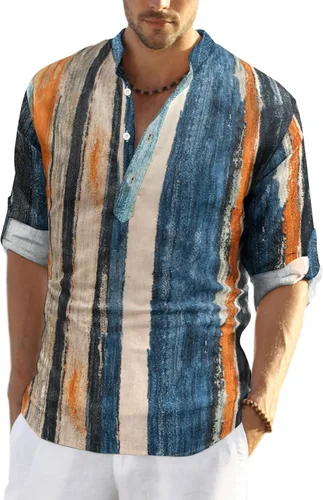 Vista 10 de COOFANDY Camiseta Henley de algodón y lino para hombre, de manga larga, estilo hippie, casual, playera