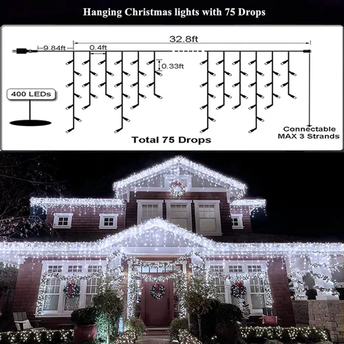 Vista 4 de Luces LED de Navidad para exteriores, decoraciones de Navidad, luz colgante de 400 LED, 8 modos, 75 gotas, impermeable, para interiores