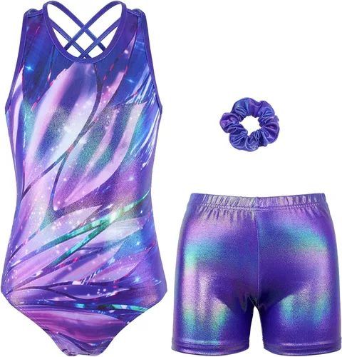 Vista 14 de MODAFANS Leotardos de gimnasia para niñas brillantes para bailar ballet, pantalones cortos con espalda cruzada