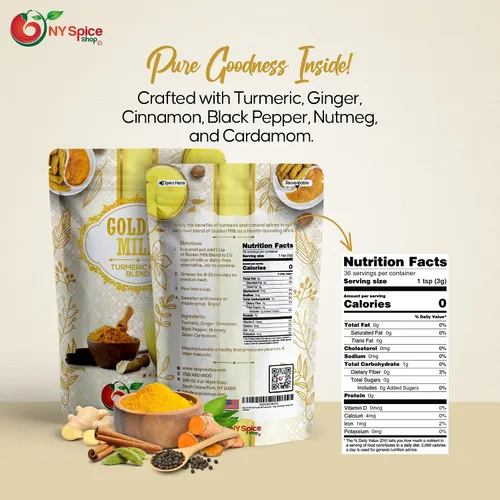 Vista 2 de NY SPICE SHOP Golden Milk Superfood en polvo – 4 onzas (onza) Instant Latte Mix Superfood con cúrcuma – Mezcla de superalimentos de cúrcuma, canela