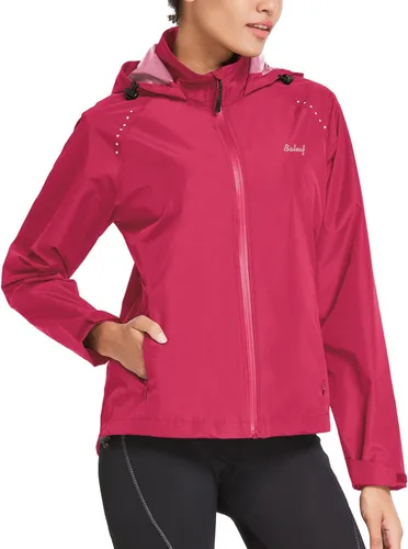Vista 2 de BALEAF Chaqueta impermeable para mujer, rompevientos para correr, ciclismo, plegable, reflectante, ligera, con capucha