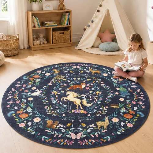 Vista 16 de jinchan Moonrise - Alfombra redonda de 5 pies para habitación de niños, lavable, suave, antideslizante, de pelo bajo, diseño de cuento de hadas