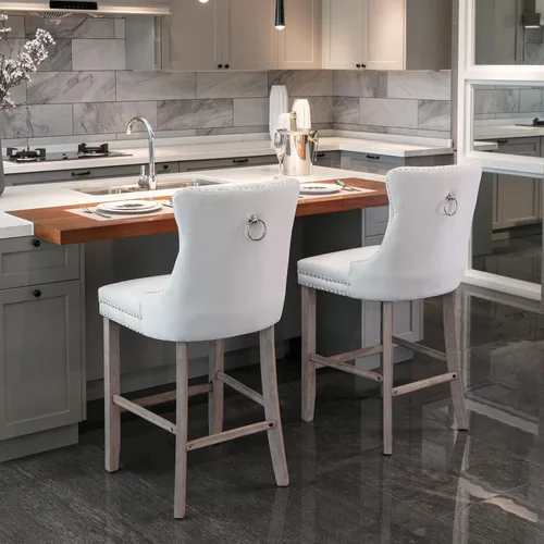 Vista 9 de Juego de 2 Sillas de Comedor, Modernos Taburetes de Bar Tapizados de Terciopelo con Decoración de Botones Capitoné y Patas de Madera, Ribete
