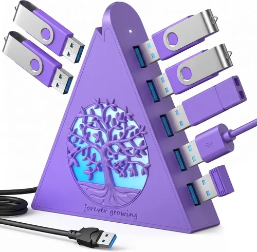 Vista 13 de Hub USB 3.0 de 7 puertos, divisor de concentrador USB vertical blanco con iluminación RGB en forma de árbol, transferencia de alta velocidad de 5