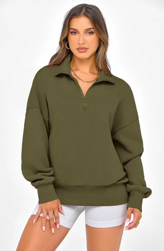 Vista 2 de PRETTYGARDEN Sudaderas de gran tamaño con media cremallera para mujer, sudaderas con capucha de forro polar 2025 de manga larga a la moda, tops