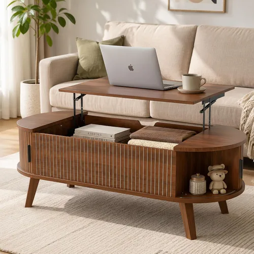 Vista 11 de Mesa de centro acanalada con tapa elevable y almacenamiento oculto, mesa de centro ovalada con tapa elevable, diseño moderno de mediados de siglo