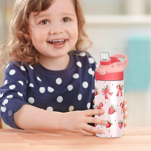 Vista 7 de Botellas de agua aisladas con popote para niños y escuelas, diseño de fresa, de acero inoxidable, rosa, de doble pared, mantiene el calor y el frío