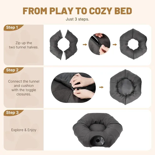 Vista 7 de Cama túnel para gatos de interior, túnel de lino natural refrescante para gatos, túnel transpirable de 29.5 pulgadas para gatos con tapete lavable