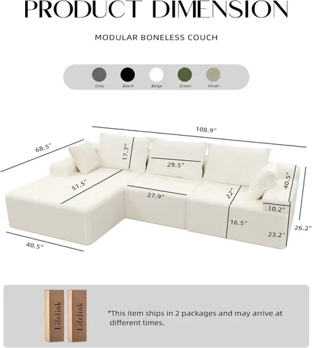 Vista 2 de Lifelink Sofá seccional deshuesado de 108 pulgadas para sala de estar en Beige