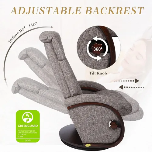Vista 4 de Silla reclinable con juego otomano, silla decorativa para sala de estar con base de madera maciza giratoria de 360 grados, espuma viscoelástica