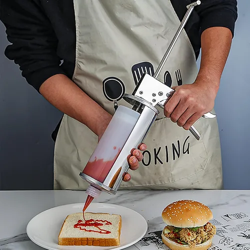 Vista 4 de Pistola de salsa de hamburguesa de acero inoxidable, dispensador de crema agria, dispensador de aderezo para ensaladas con botellas dispensadoras