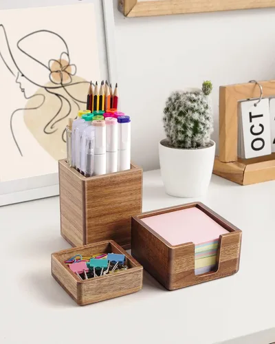 Vista 4 de Juego de organizador de escritorio de madera de acacia con soporte para notas adhesivas, vaso para lápices y bolígrafos y almacenamiento de clips