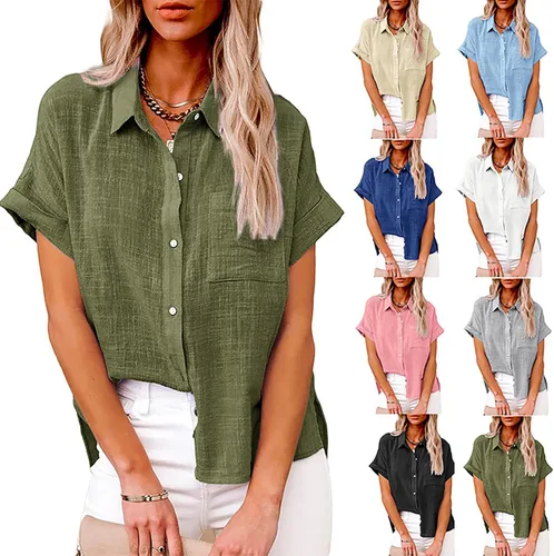 Vista 5 de Mayntop Camisas de lino de algodón para mujer, color sólido, de gran tamaño, cuello abotonado, camiseta holgada