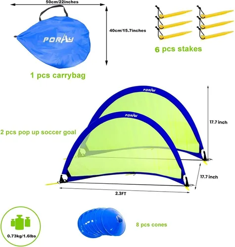 Vista 3 de Poray Soccer Goal for Kid Easy-up Set of Two Portable Soccer Net 210D Oxford with 8 Field Marker Cones Extra Stakes Fun for Backyard and Soccer