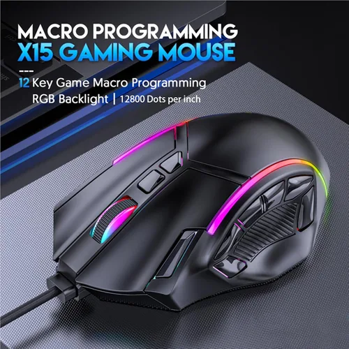 Vista 4 de EBTOOLS Ratón para juegos, 12 botones programables, luces RGB de 12800 DPI, diseño ergonómico, con cable de 5.9 ft, para computadora portátil y PC
