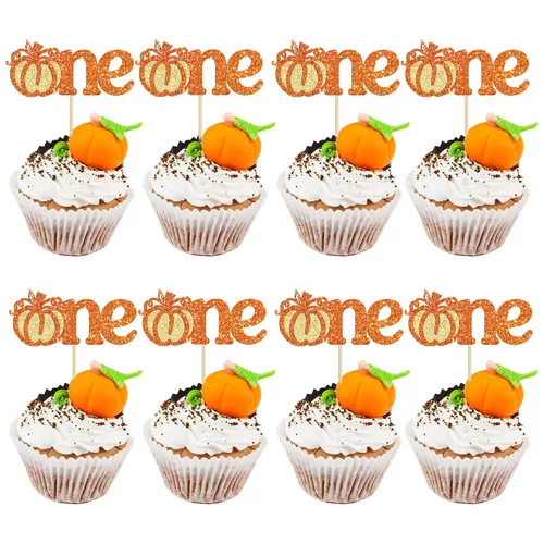 Vista 17 de Gyufise 24 piezas de decoración de cupcakes de calabaza con purpurina para temática de otoño, Acción de Gracias, Halloween, baby shower, niños