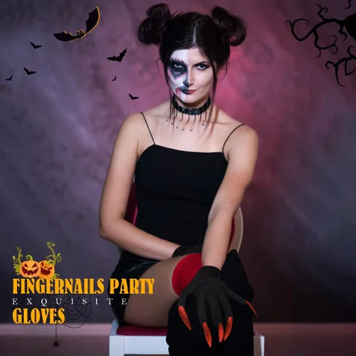 Vista 3 de Asooll Guantes de moda con uñas, guantes de fiesta, garras de gato, guante de lobo de Halloween, disfraz de fantasma para mujeres y niñas