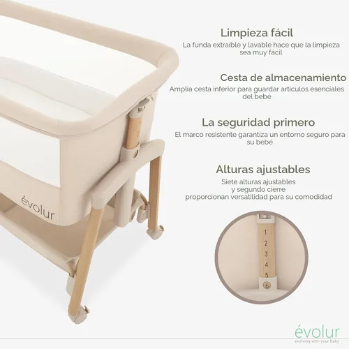 Vista 3 de évolur Cuna portátil con ruedas, moisés ajustable para el lado de la cama, lados de malla transpirable, canastilla de almacenamiento grande, fácil
