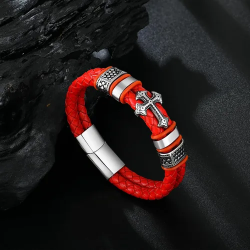 Vista 4 de Raymard Pulsera de cuero de doble fila cristiana para hombre - negrorojodorado y azul marino trenzado pulsera para hombres