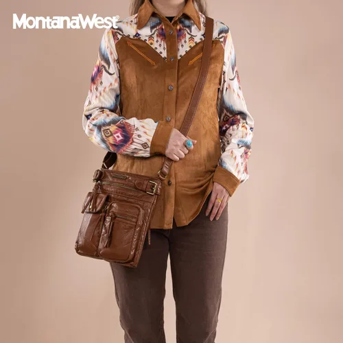Vista 2 de Montana West Crossbody Bag for Women Multi Pocket Shoulder Medium Travel Purses Ultra Soft Washed Leather