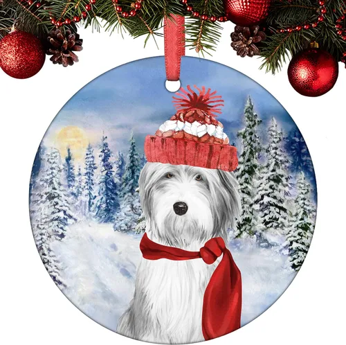 Vista 2 de Adorno de Navidad 2021 Perro Coton De Tulear Santa Porcelana Adorno de Navidad Coton De Tulear Cachorro Mascota Adornos de Árbol de Navidad Redondo