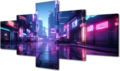 Vista 17 de Póster de 5 paneles en lienzo para decoración de pared, diseño de centro urbano Cyberpunk, impresión moderna, decoración de pared para el hogar