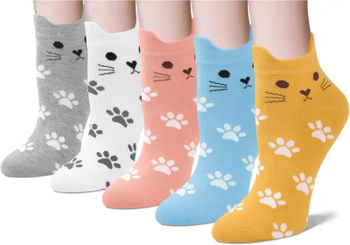 Vista 7 de Justay 5 pares de calcetines de gato - lindos calcetines de algodón de novedad divertidos con diseño de animales para tobillo para mujer, regalos