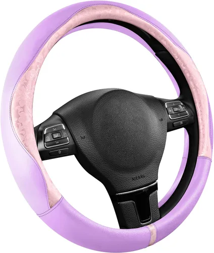 Vista 14 de PIC AUTO Funda para volante, diseño de retazos de cuero negro estampado y azul, ajuste universal de 14.5 a 15.5 pulgadas, antideslizante, sin olor