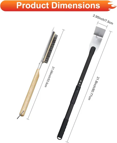 Vista 2 de Juego de 2 accesorios para horno de pizza, cepillo para pizza, rastrillo de ceniza con mango de madera de caucho, cepillo de horno de pizza duradero