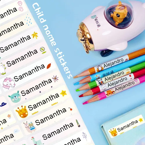 Vista 2 de Etiquetas adhesivas con nombre de animales de dibujos animados, impermeables, transparentes, impermeables, para niños, papelería escolar