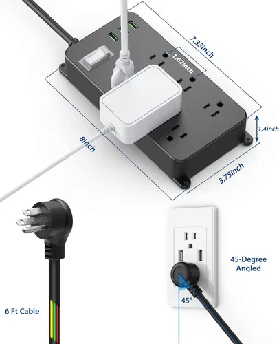 Vista 7 de Regleta de alimentación para exteriores resistente a la intemperie con USB, protector de sobretensiones impermeable, 3 puertos USB, 6