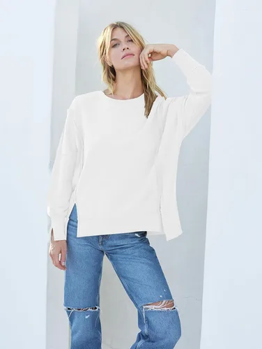 Vista 2 de MEROKEETY Sudadera holgada casual de manga larga tipo farol para mujer, cuello redondo, abertura lateral, 2023