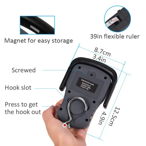 Vista 4 de Báscula digital de pescado, báscula electrónica para colgar peces con mango grande y cinta métrica, báscula de pesca de 110 libras / 110.2 lbs, 3