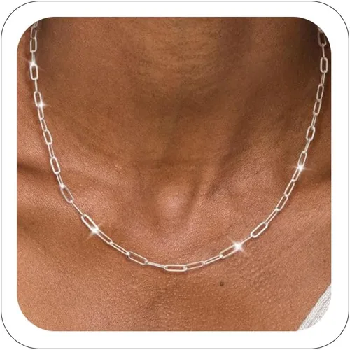 Vista 11 de Collar de cadena de clip de plata para mujer, delicado collar de gargantilla de plata de ley para mujer, collar de eslabones simples, largos 3mm16