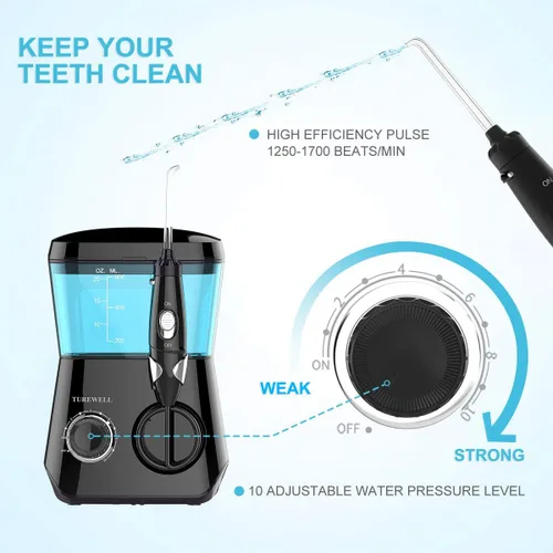Vista 5 de TUREWELL Irrigador oral de hilo dental con agua, limpiador dental de 21.1 fl oz, 10 presiones ajustables, irrigador oral eléctrico para aparatos