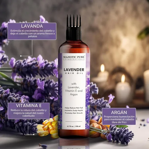 Vista 3 de Majestic Pure Aceite 100% Puro de Lavanda con Vitamina E para Cuidado del Cabello, Fórmula Fortalecedora, Nutritiva y Voluminizadora con Vitamina E